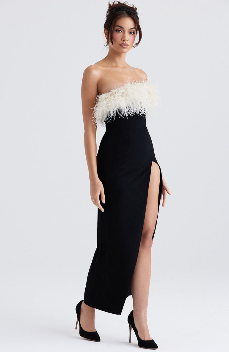 A European And American Off-shoulder Contrast Color Ostrich Hair Tube Top High Slit Bandage One-piece Dress free delivery