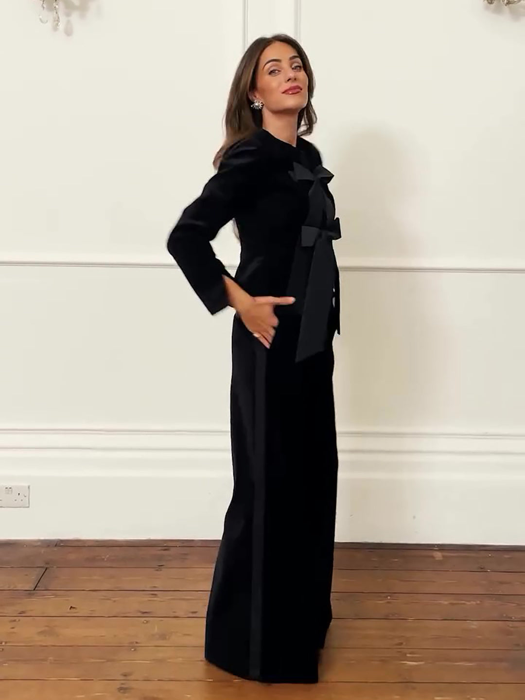 A Black Velvet Bow Jacket & Wide-Leg Pants Suit | Elegant Women’s Evening Outfit with Free Delivery