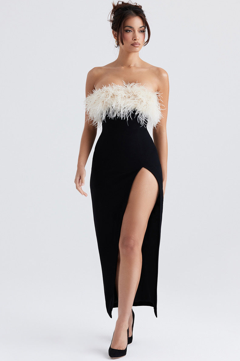 A European And American Off-shoulder Contrast Color Ostrich Hair Tube Top High Slit Bandage One-piece Dress free delivery