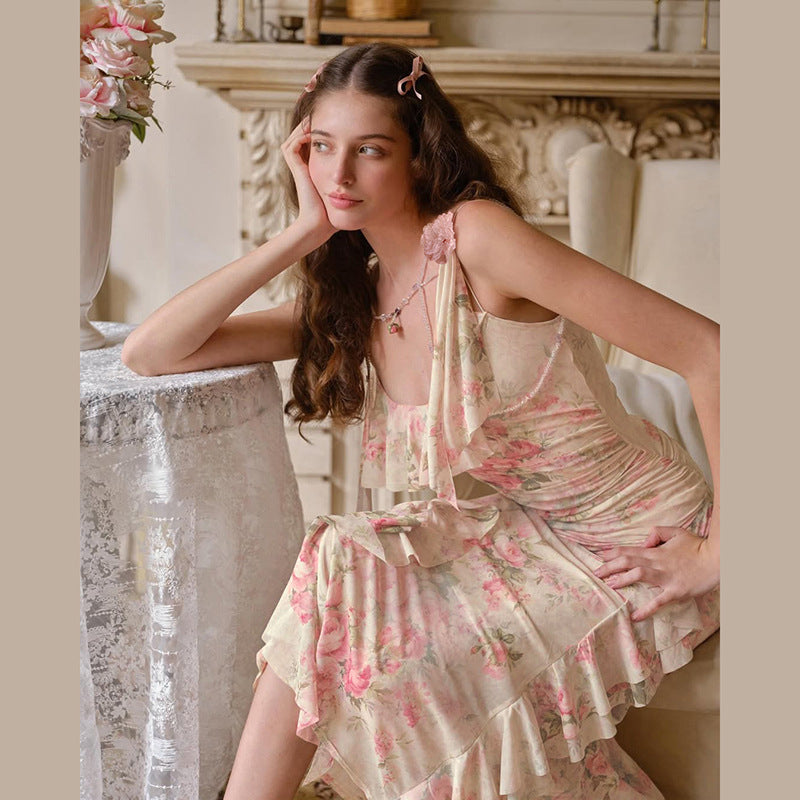 A Fashion Sweet Printed Sleeveless Sling High Waist Slim Fit Dress free delivery
