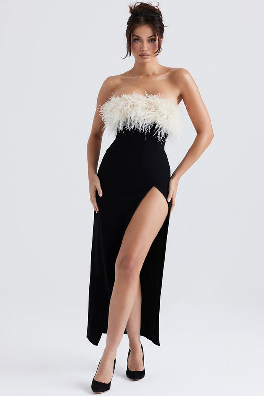 A European And American Off-shoulder Contrast Color Ostrich Hair Tube Top High Slit Bandage One-piece Dress free delivery