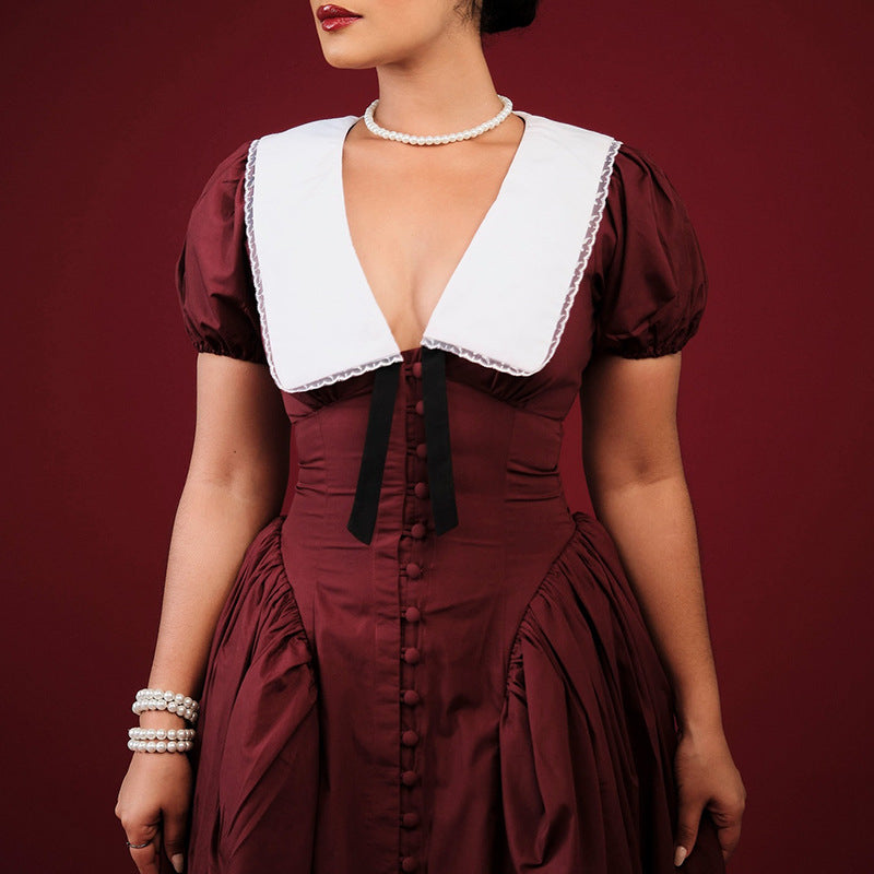 A Elegant Puff Sleeve A-Line Dress | High Waist Temperament-free delivery
