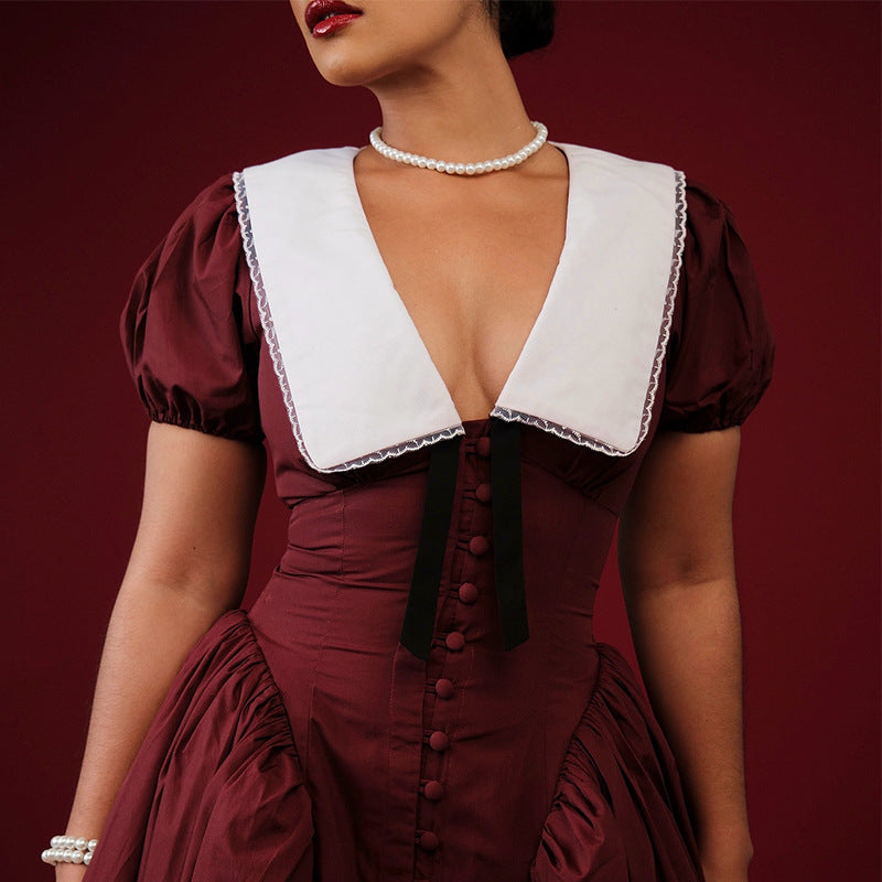 A Elegant Puff Sleeve A-Line Dress | High Waist Temperament-free delivery