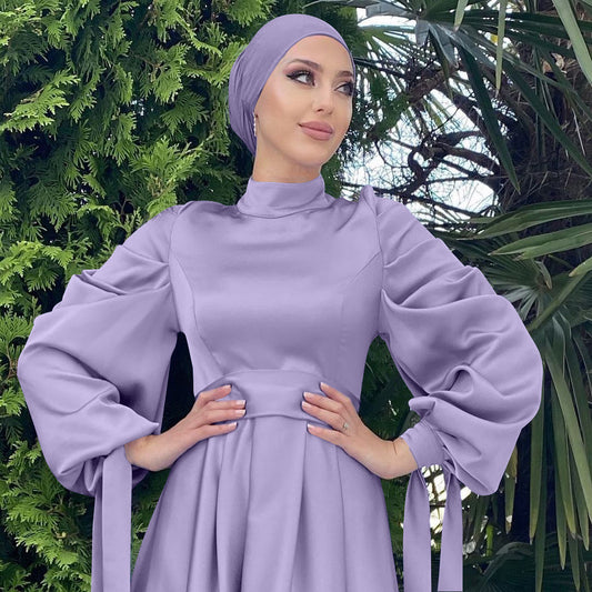 A Women's New Stand Collar Satin Dress Tunic With Puff Sleeves free delivery