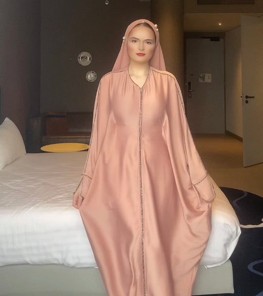 A 1 Elegant Pink Abaya Dress for Women – Modest Long Sleeve Evening Gown, Islamic Fashion, Middle Eastern Outfit