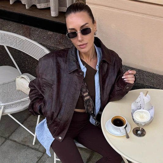 A Retro Harajuku Style Simple Lapel Long Sleeve Short Leather Jacket free delivery