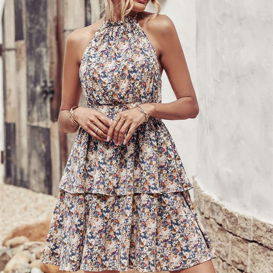 A Women's Fashion Halter Printed Sleeveless Dress free delivery