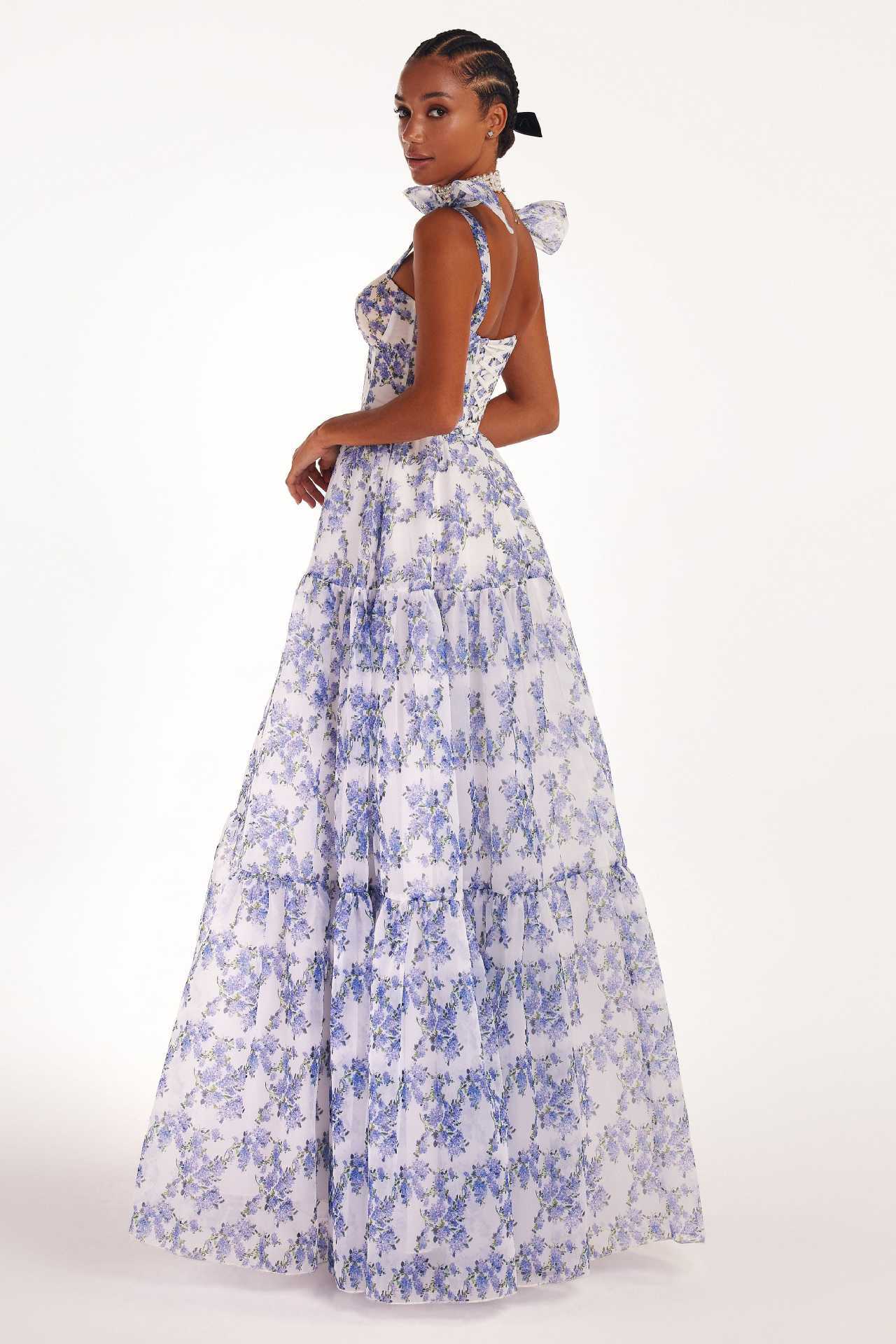 A Floral Off-the-shoulder Strap Lace-up Large Swing Skirt Organza Dress free delivery