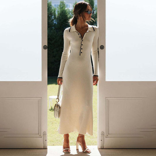 A Women's Fashion Polo Collar Knitted Sheath Long Sleeve Dress free delivery