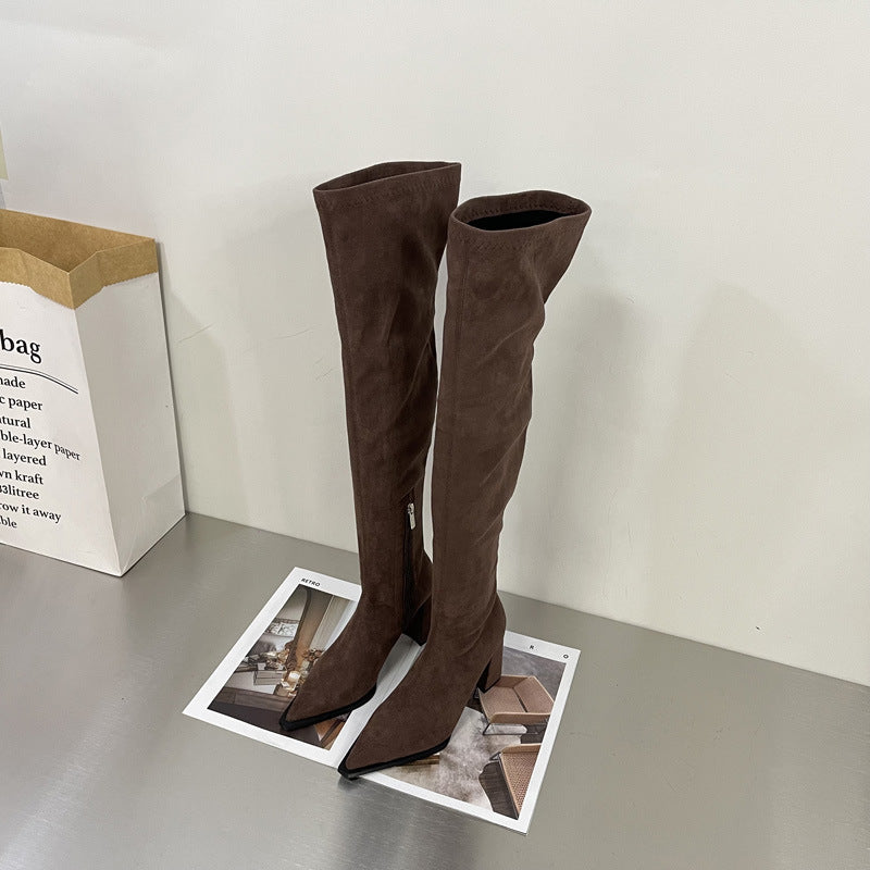 A Chunky Heel High Heel Long Suede Zipper Stretch Thin Boots free delivery