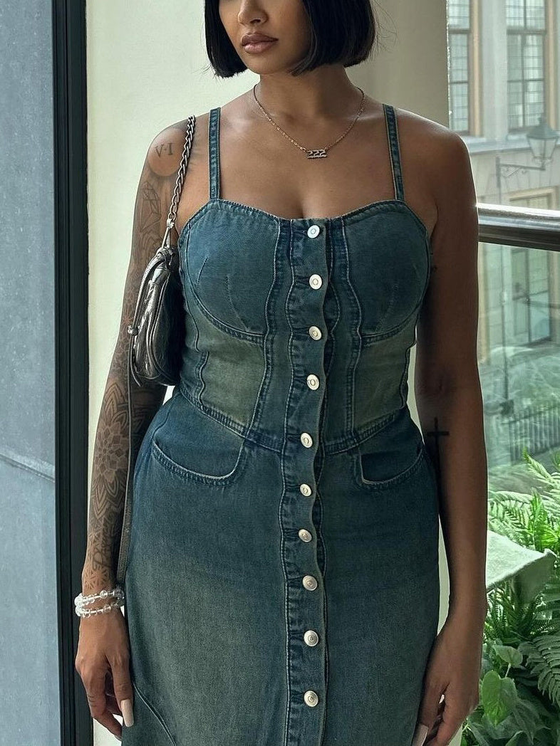 A Denim Single-Breasted Suspender Dress - Women's Vintage Fashion with Free Delivery