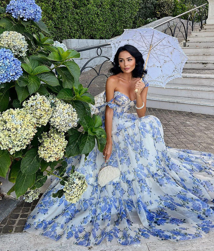 A Floral Off-the-shoulder Strap Lace-up Large Swing Skirt Organza Dress free delivery