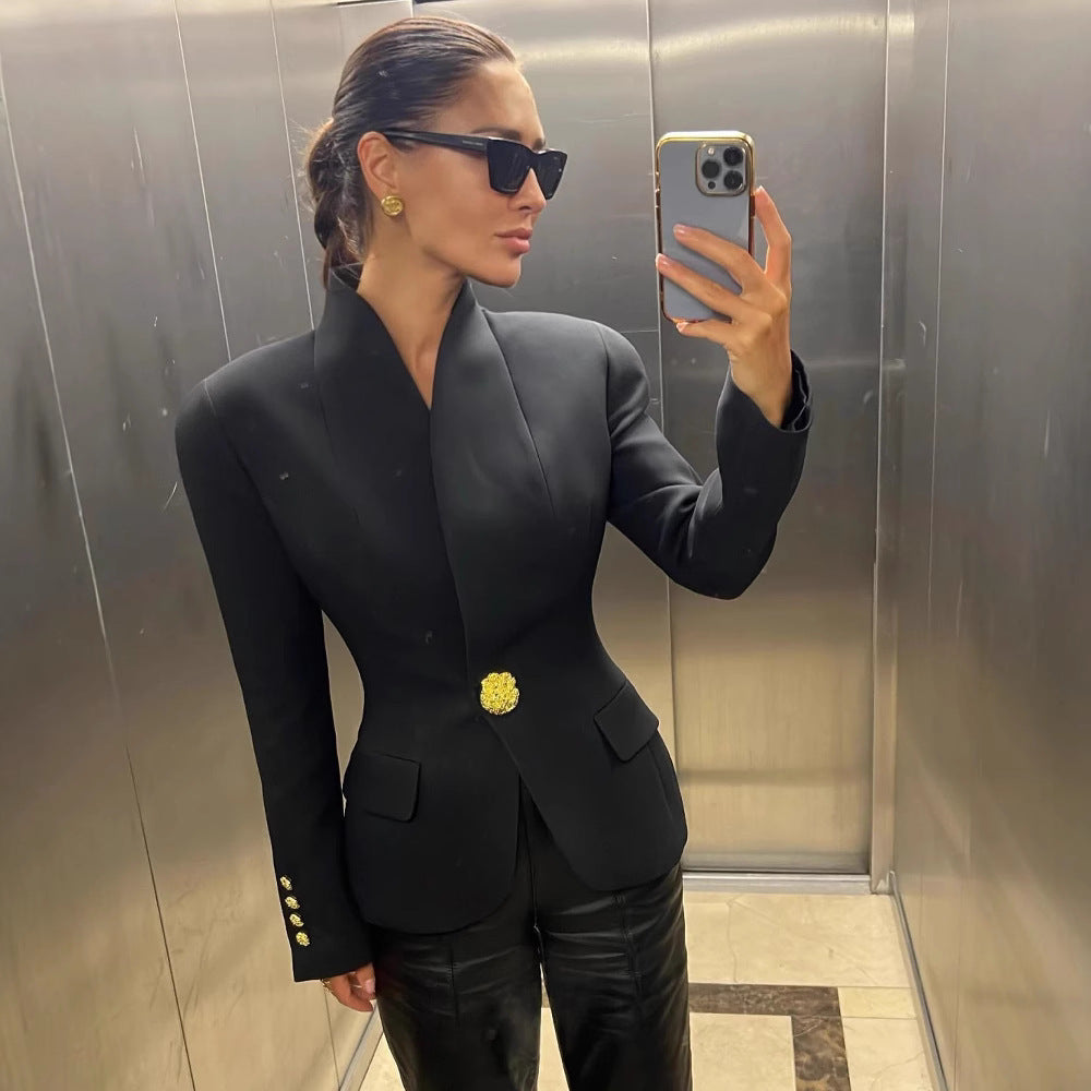 Slim Fit Business Suit Coat with Metal Buckle Detail