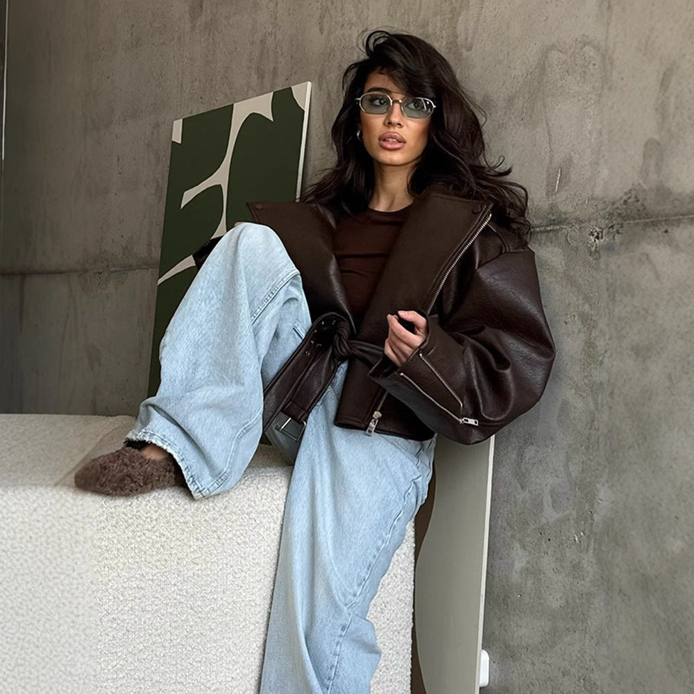 A Lady Temperament Short Lace Up Leather Coat free delivery
