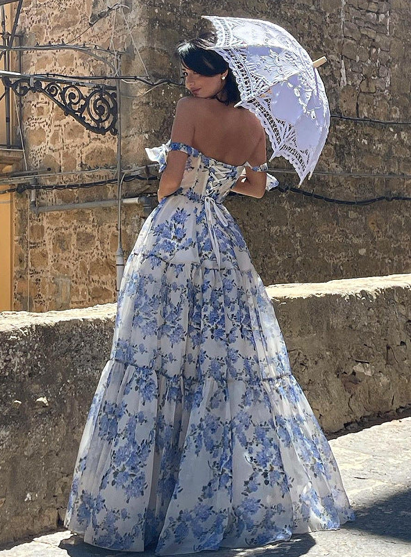 A Floral Off-the-shoulder Strap Lace-up Large Swing Skirt Organza Dress free delivery