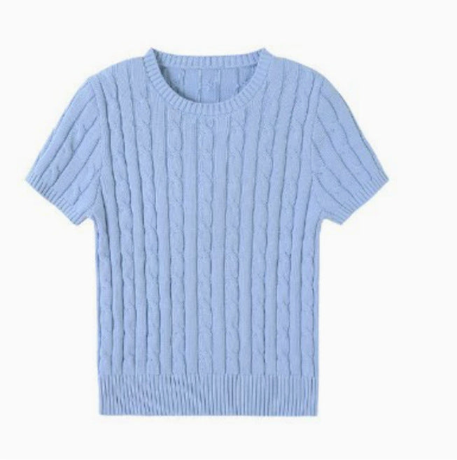 Simple Round-neck Comfortable Rib Short Sleeve Pullover Sweater free delivery