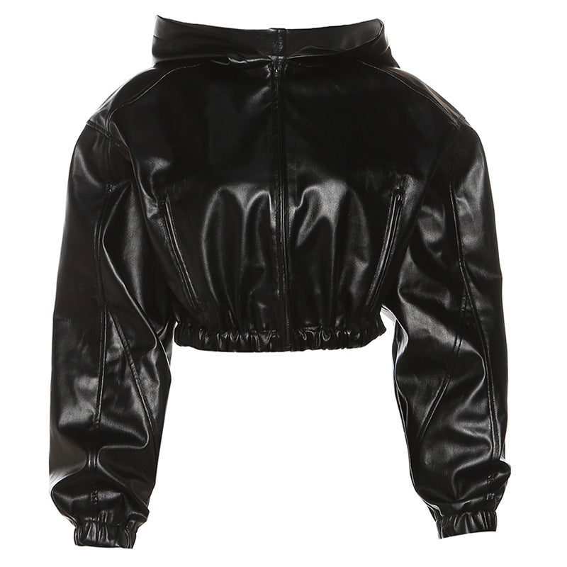 A Kylie Jenner New Women's Clothing Fashion Long Sleeve Zipper Slim Fit Hooded Faux Leather Coat For Women free delivery