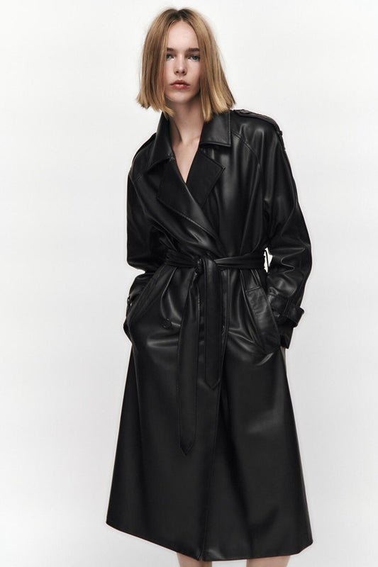 A Women's Clothing AutumnLong Sleeve Slim Fit With Belt Imitation Leather Trench Coat free delivery