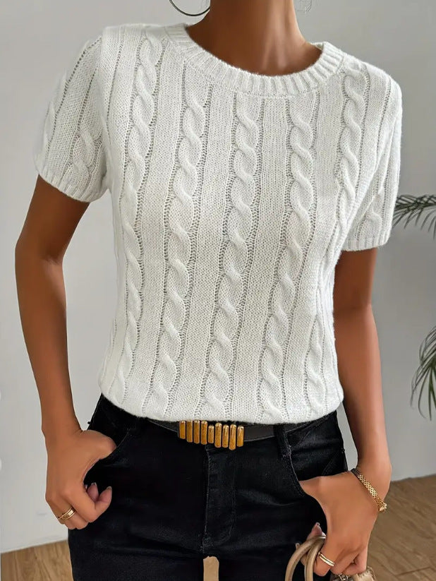Simple Round-neck Comfortable Rib Short Sleeve Pullover Sweater free delivery