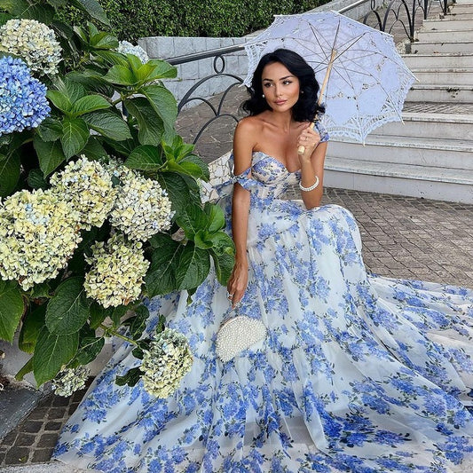 A Floral Off-the-shoulder Strap Lace-up Large Swing Skirt Organza Dress free delivery