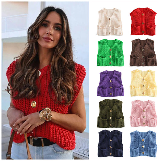 A Women's Pocket Sleeveless Short Knitted Cardigan Vest Shirt free delivery