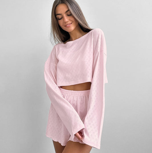 A Comfortable Heart Jacquard Breathing Pajama Set - Long Sleeping Shorts Suit with Free Delivery