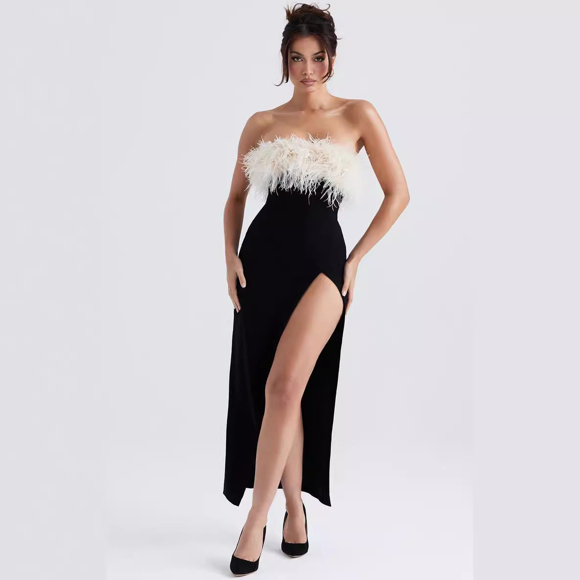 A European And American Off-shoulder Contrast Color Ostrich Hair Tube Top High Slit Bandage One-piece Dress free delivery