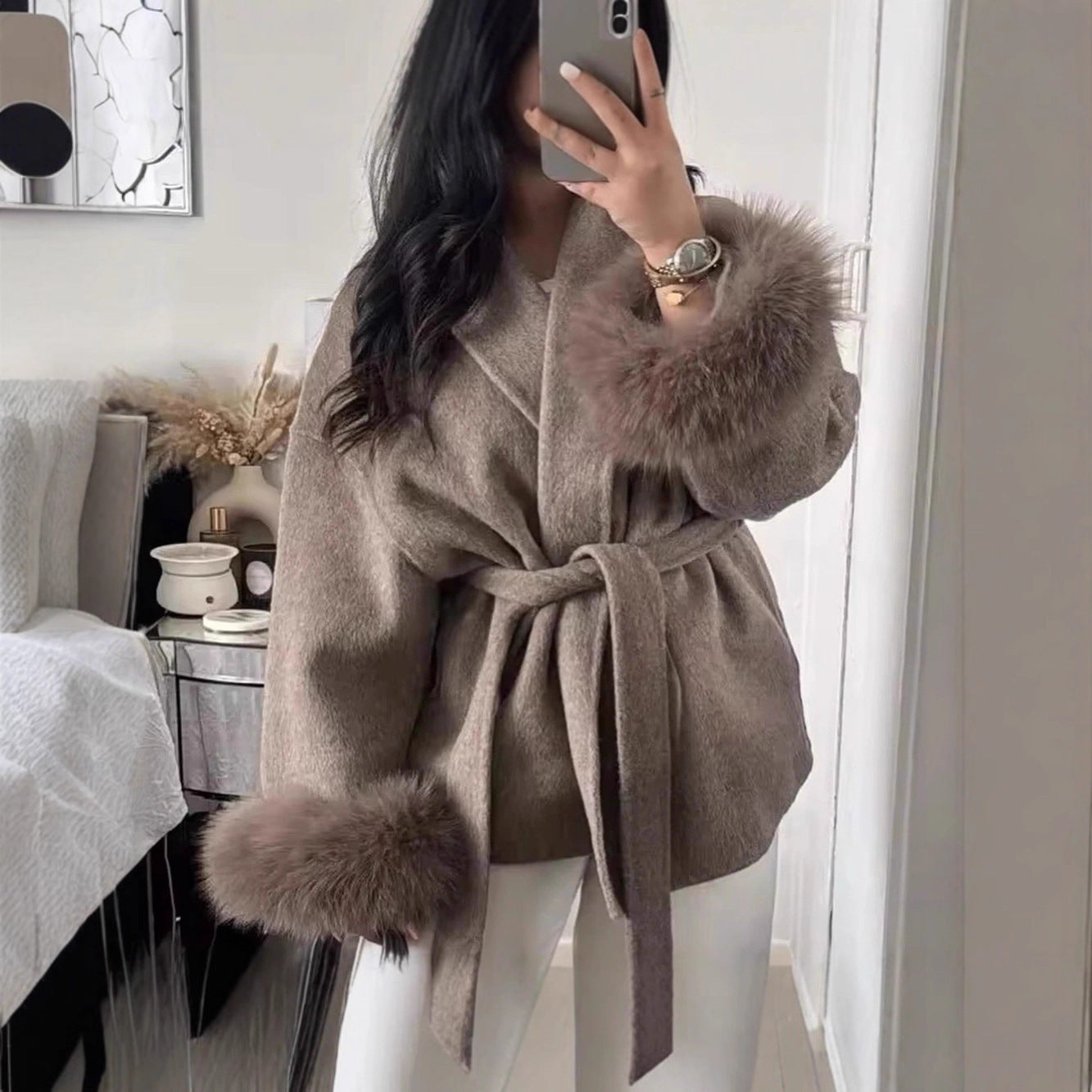A Fur V-neck Lace-up French Woolen Coat free delivery