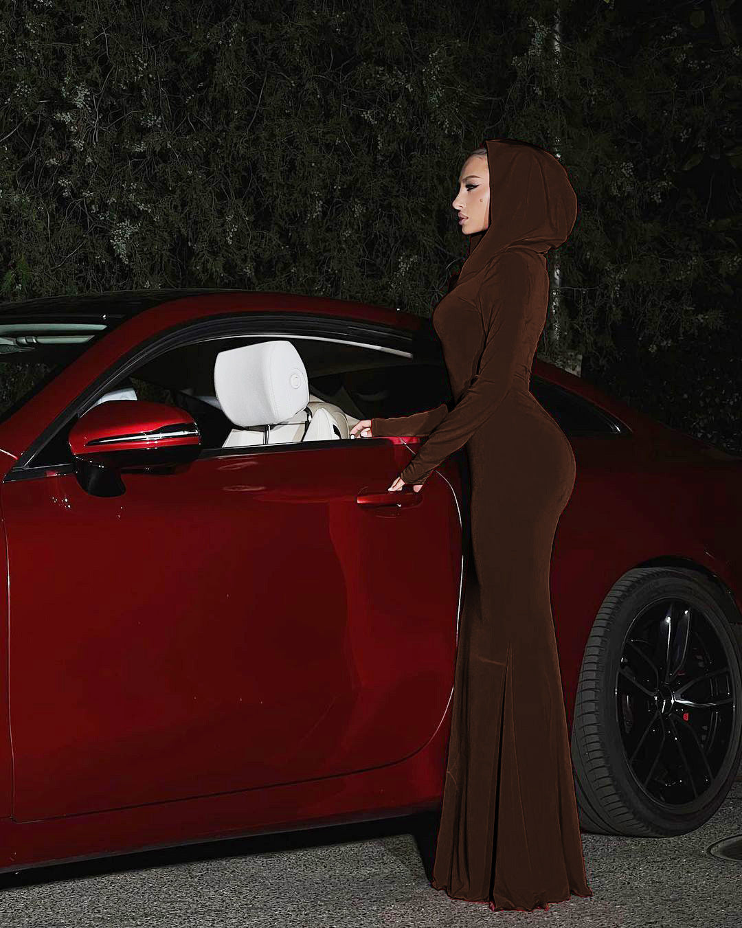 Solid Color Slim-fit Hood Long Sleeve Dress