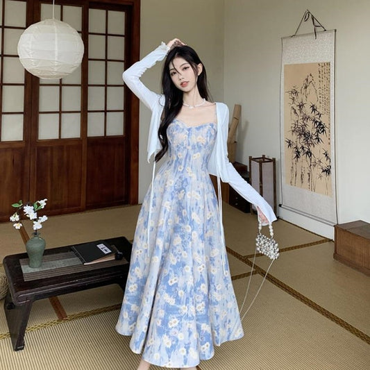 Blue Floral Halter Skirt Dress Two-piece Set free delivery