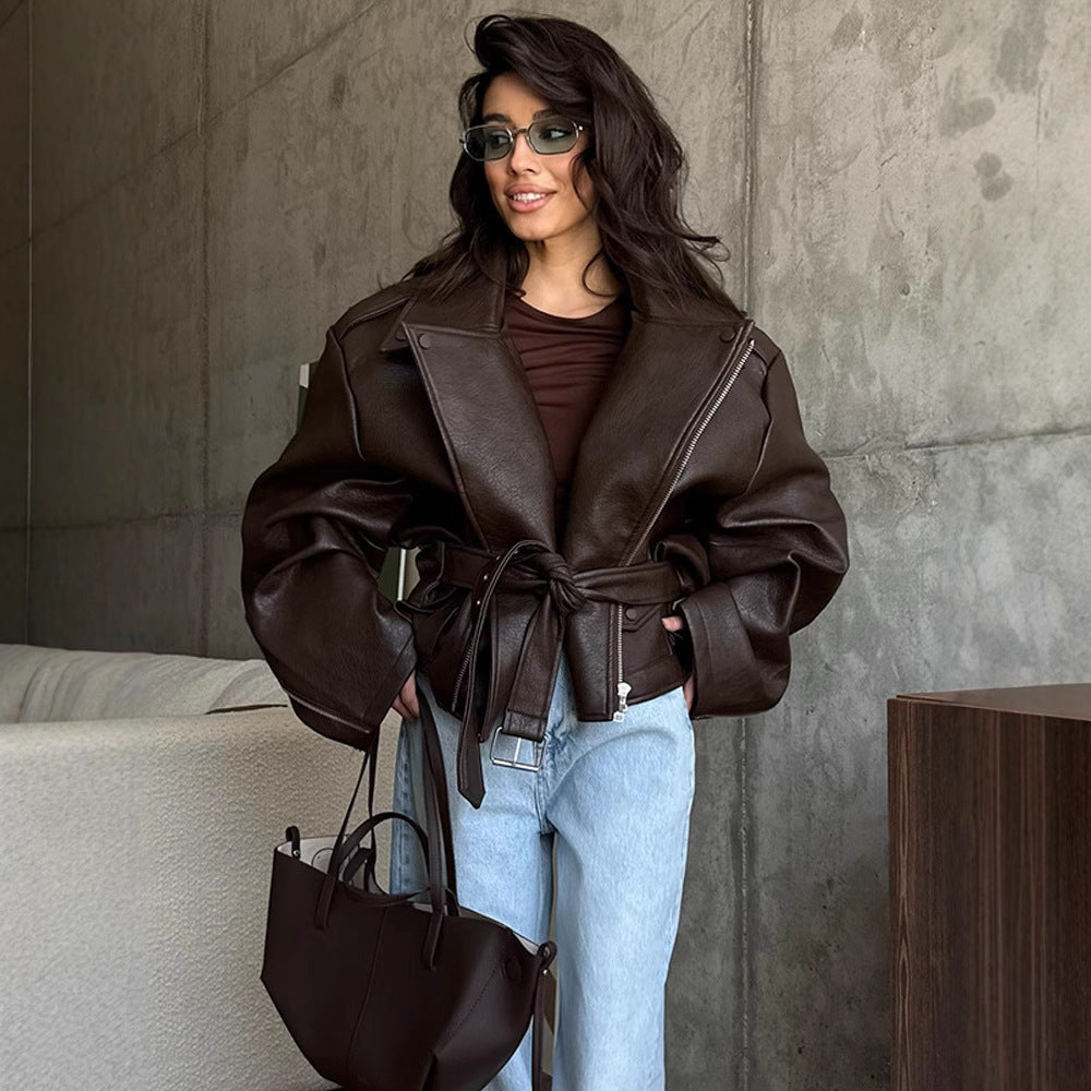 A Lady Temperament Short Lace Up Leather Coat free delivery