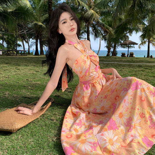 A Korean Seaside Holiday Beach Dress Chiffon Floral Backless Tube Top free delivery
