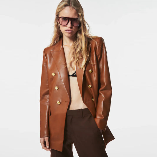 A Women's Simple French Faux Leather Blazer free delivery