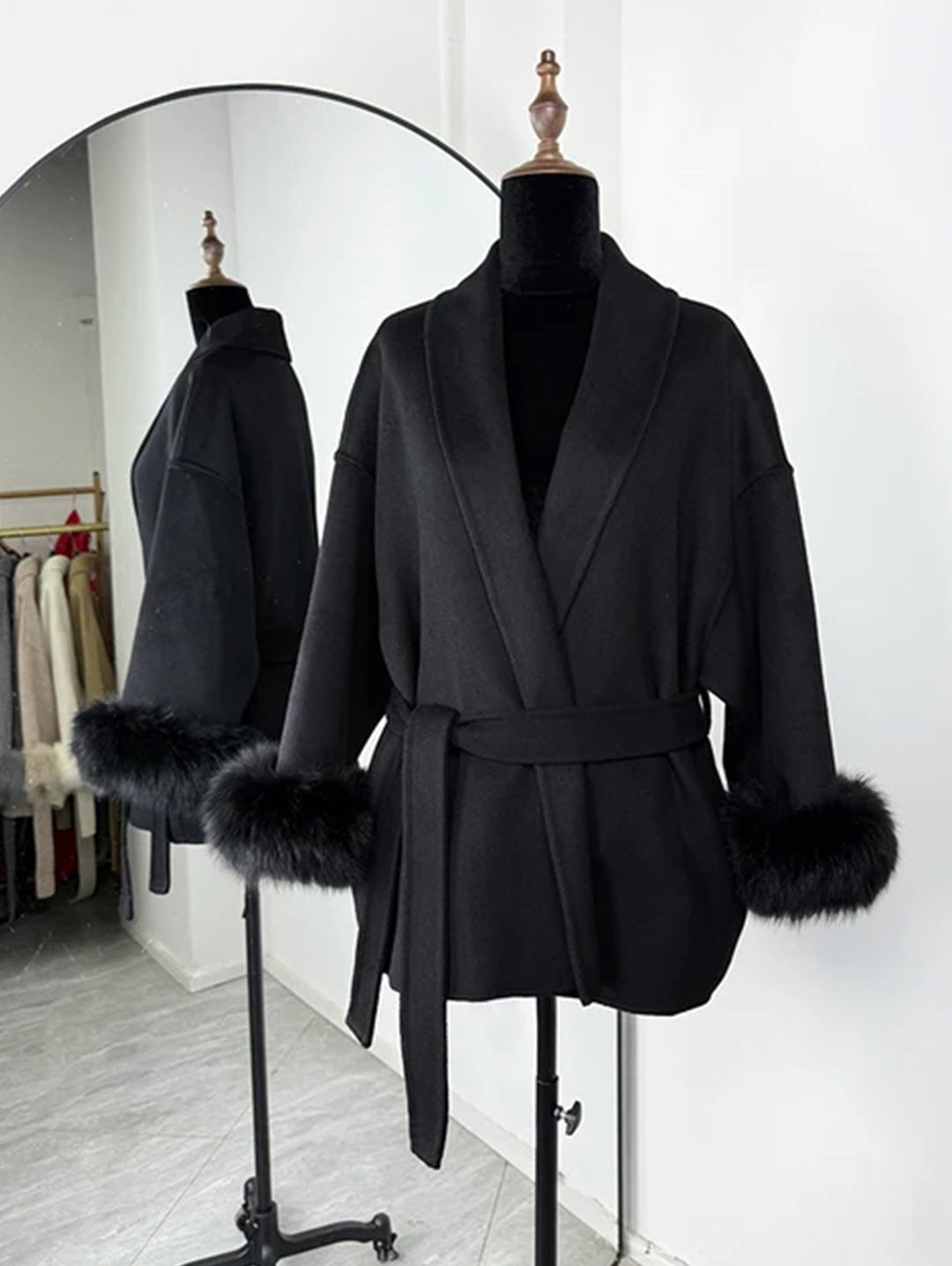 A Fur V-neck Lace-up French Woolen Coat free delivery
