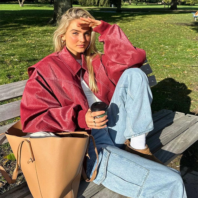 A Loose Fashion Lapel Zip-up Jacket Cool Long Sleeve Zipper Closure Moto Biker Leather Jacket Womens Clothing free delivery