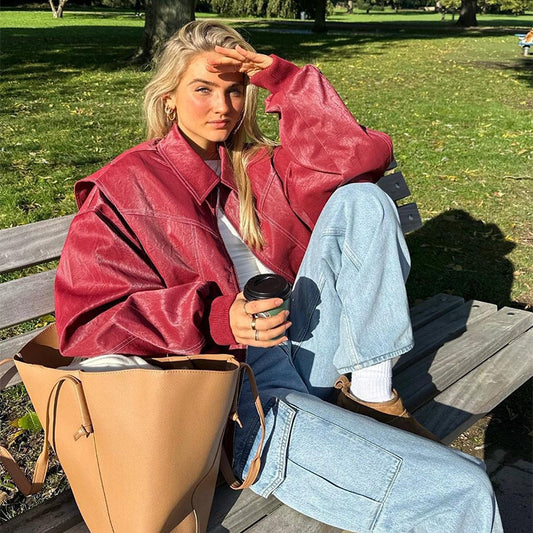 A Loose Fashion Lapel Zip-up Jacket Cool Long Sleeve Zipper Closure Moto Biker Leather Jacket Womens Clothing free delivery