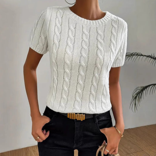 Simple Round-neck Comfortable Rib Short Sleeve Pullover Sweater free delivery