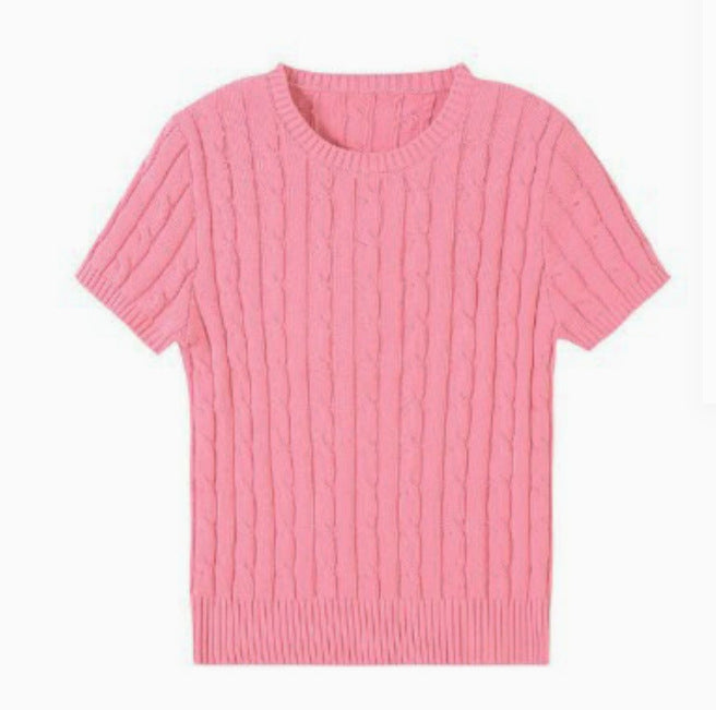 Simple Round-neck Comfortable Rib Short Sleeve Pullover Sweater free delivery